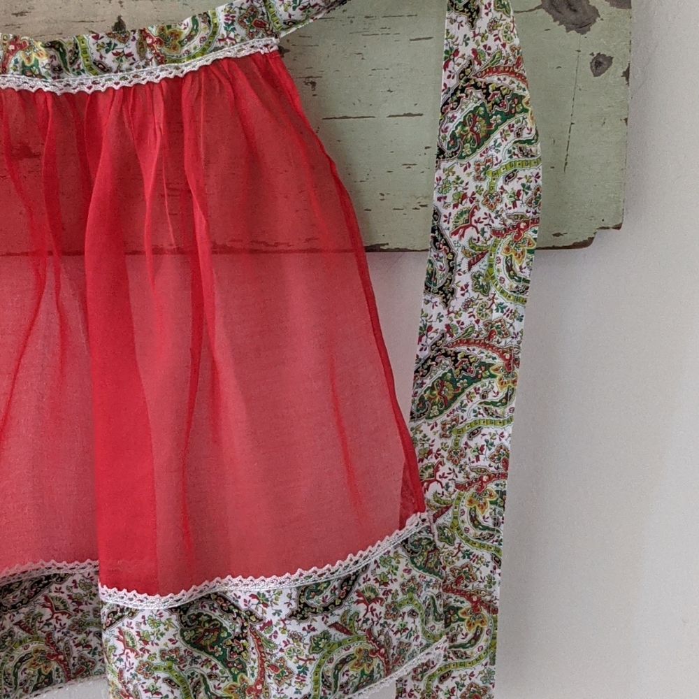 Vintage Handmade Sheer & Paisley Linen Half Apron